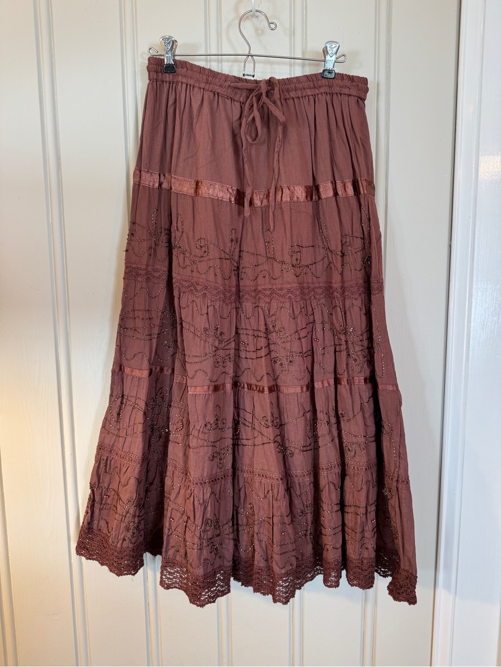 NWT Signature Y2K Boho Embroidered Beaded Tiered Maxi Skirt Brown M